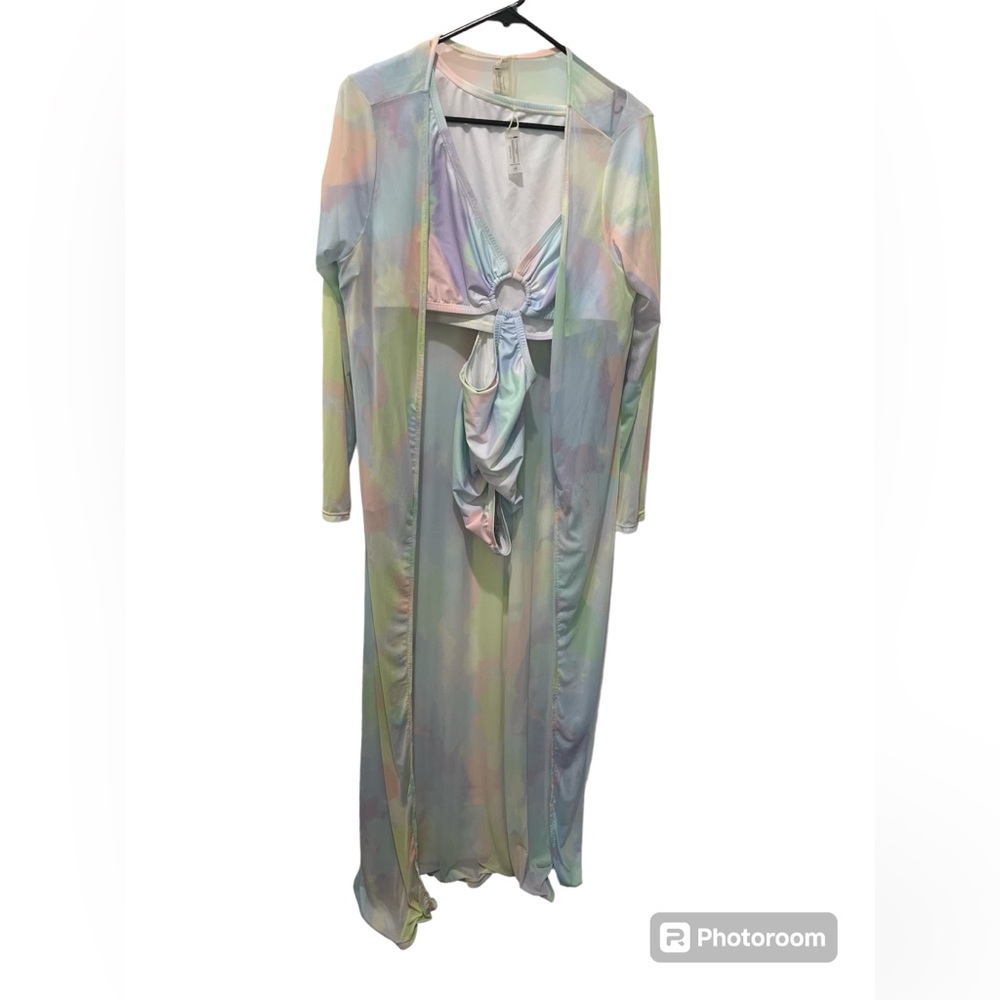 FASHION NOVA MELLOW RAINBOW MONOKINI & SHEER MATCHING DUSTER SZ 1X NWOT